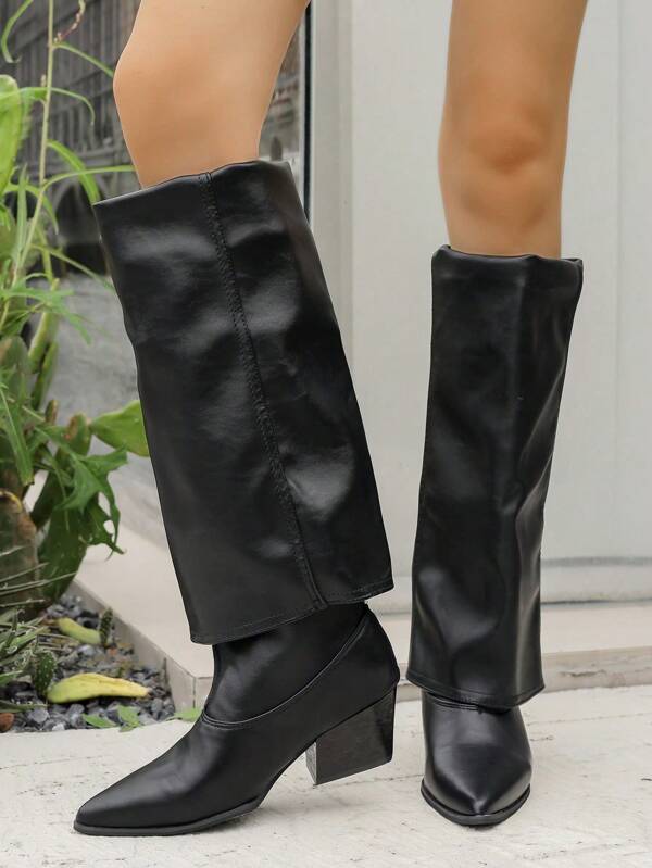 Women's Sexy Elegant Personalized European & American Style High Heel Pointed Toe Mid-Calf Boots, Fashion Versatile Outdoor Street Wear Boots, Solid Color Commuting, Thick Heel, Western Boots, Suitable For All Seasons, Beige