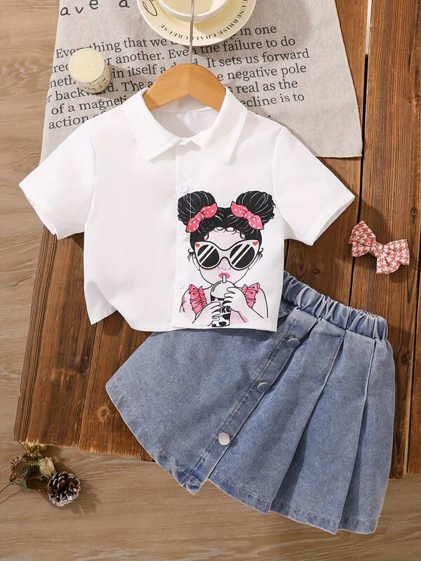 2 Stück/Set Mädchen Lässig Cartoon Mädchen Muster Kurz Ärmel Crop Top + asymmetrischer Saum Knopf Rock, vielseitiges Outfit für den Schulanfang