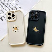 Cartoon Sun Moon Black And White Couple TPU Anti-Drop Mobile Phone Case For 16 15 14 13 12 11 PROMAX PLUS Full Soft Case Anti-Drop XS/ XR/ 7/ 8PLUS/ SE2/ SE3 Couple Simple