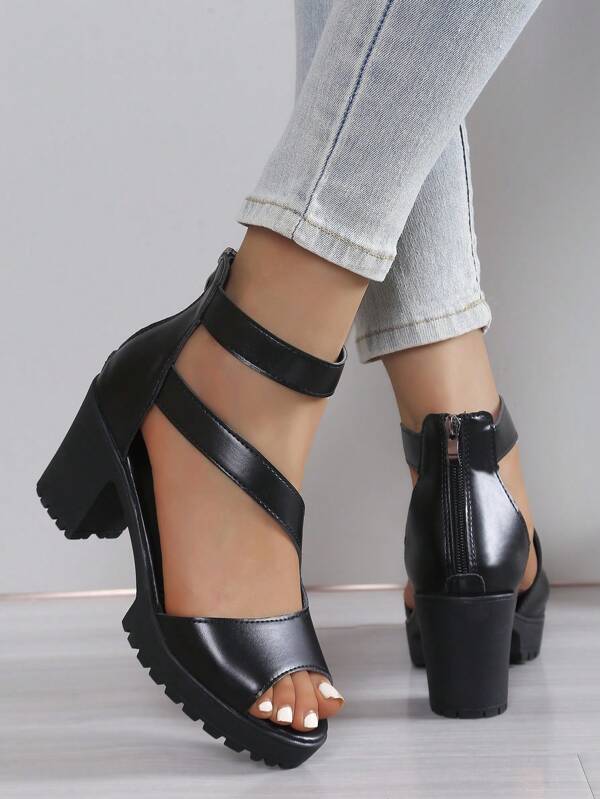 Women's Peep Toe Hollow Out Block Heel Fashion Party Formal High Heeled Sandals With Zipper