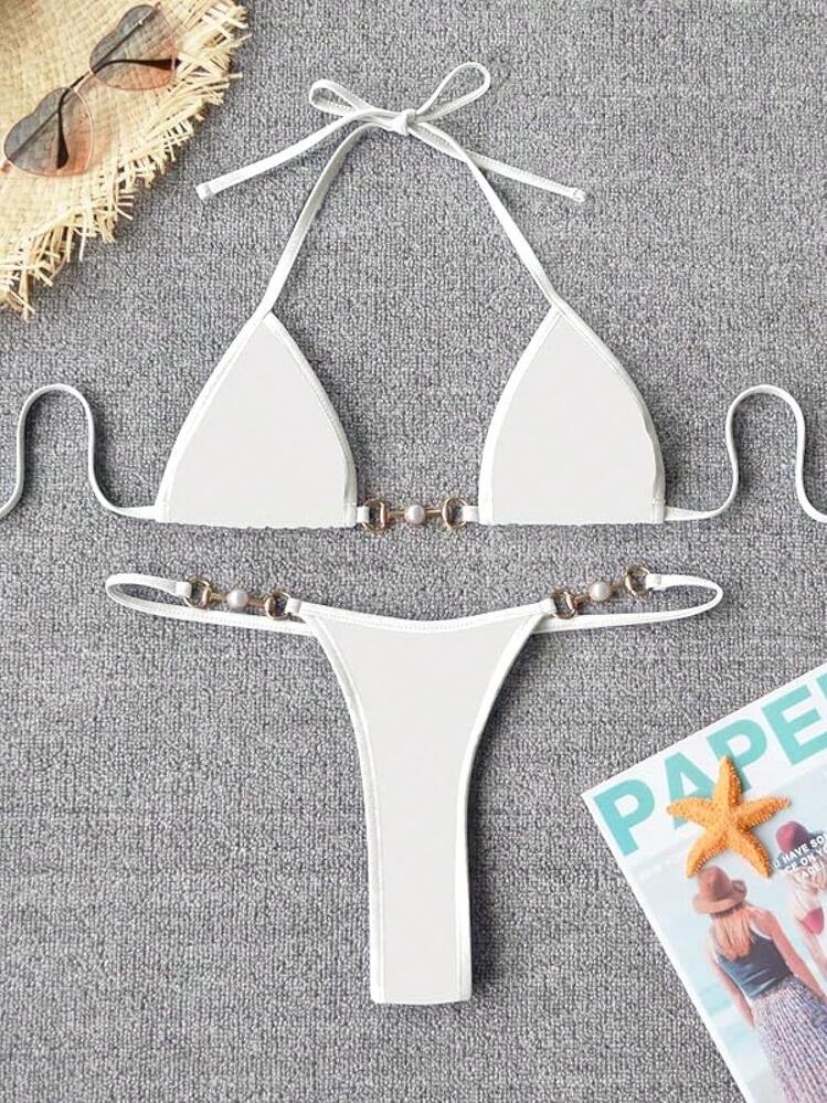 TASHEHE Women's Thong Bikini Set String Brazillian Two Piece Swimsuit Cute Bikini Bathing Suit - Solid White - View 5