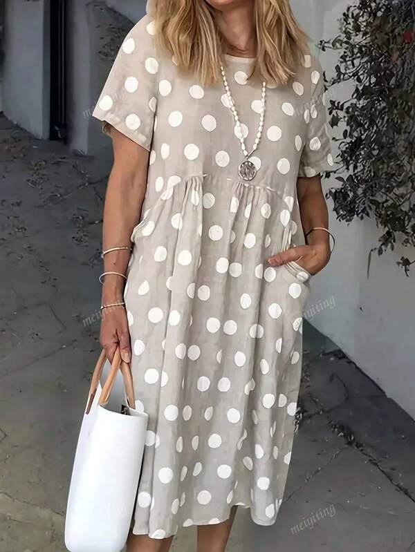Plus Size Women Polka Dot Patchwork Pocket Vacation Everyday Dress