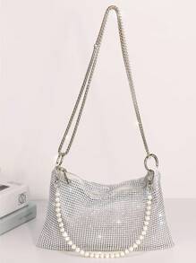 Lightweight,Casual Rhinestone Ring Linked Square Bag Evening Bag,Dinner Bag Glamorous,Elegant,Exquisite For Party Girl,Woman,Bride Perfect For Party,Dinner,Banquet,Gorgeous And Fashionable Sparkling Rhinestone Set With Diamond Knots, Hand-Held Dinner Bag