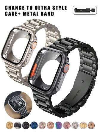 [2-In-1 Band And Case Combo] Stainless Steel 2-In-1 Band And Case Combo For Apple Watch - Fits Series 10/9/8/7/6/5/4 & SE, Ultra-Thin Metal Chain Strap With Protective Cover, Non-Waterproof, Sleek Design