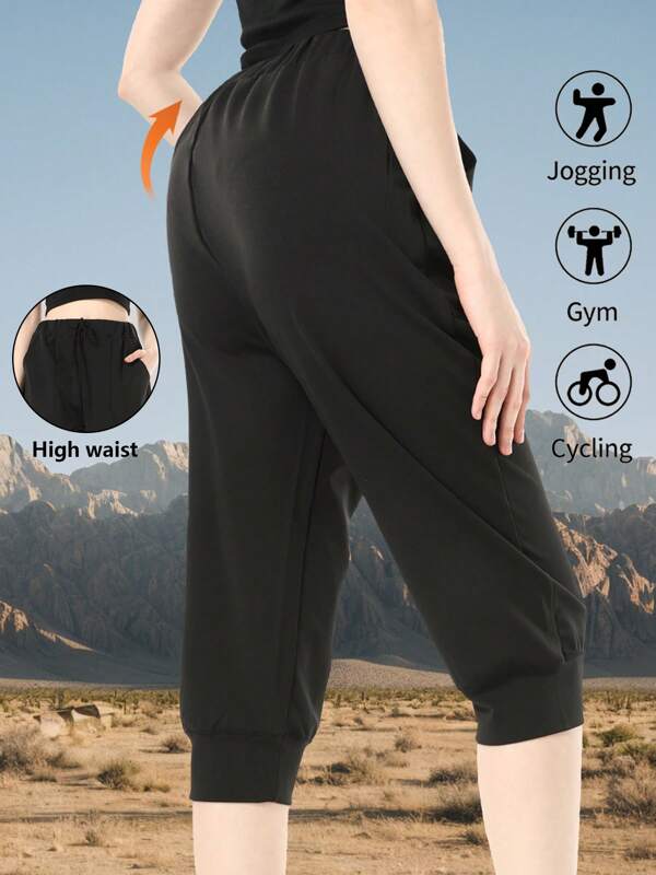 Stretchy Breathable High Waist Knee Length Athletic Shorts For Women, Polyester Blend, Drawstring Waist, Side Pockets, Suitable For Running, Cycling And Fitness Exercises