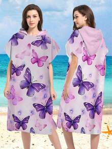1pc Purple Butterfly Print Hooded Wearable Robe - Ultra-Soft Microfiber Purple Butterfly Pattern, Suitable For Boys, Girls, Couples - Beach And Home Decor, Couples Cloak | Microfiber Bathrobe Back To School - Multicolor - View 11