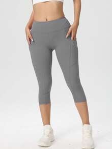 Women's High Waist Gray Yoga Sports Capris With Pockets Outdoor Gym Running Workout Bottoms Breathable High Stretch Cycling Pants - Light Grey - View 6