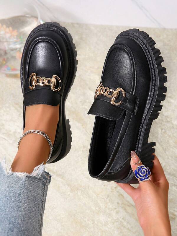 Women's Black PU Cover Loafers | Casual Slip-On Shoes With Golden Chain Detail | Comfortable Fabric Lining & Durable Rubber Sole | Versatile All-Season Footwear For Formal And Casual Wear, Casual Footwear | Decorative Shoes | Rubber Sole Shoes