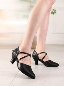 Women's Black Character Shoes, Cross Ankle Straps Dance Heels, Elegant Professional Dance Shoes For Ballroom Salsa Tango Flamenco Latin, Suitable For Wedding Prom Class Practice Performance - Black - View 1