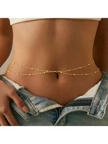 Women's 2-Piece Bohemian Layered Waist Chain, Adjustable Stainless Steel Bead Body Jewelry, Beach Waist Chain, Women's Adjustable Waterproof Sexy Bikini Body Chain Jewelry - 金色 - 查看 1