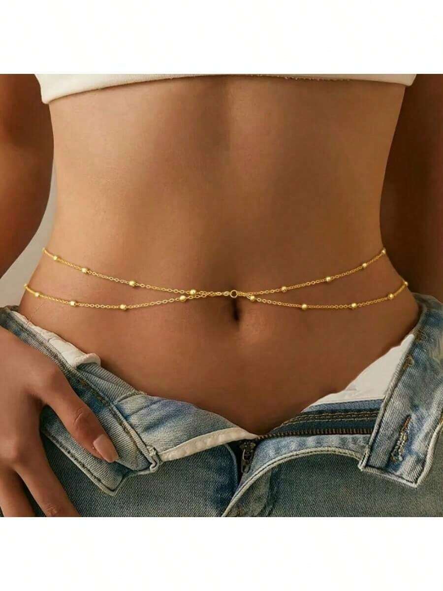 Women's 2-Piece Bohemian Layered Waist Chain, Adjustable Stainless Steel Bead Body Jewelry, Beach Waist Chain, Women's Adjustable Waterproof Sexy Bikini Body Chain Jewelry - 金色 - 查看 1