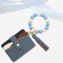 Cartera-llavero con muñequera, pequeño portacrediticordebaja con pulsera, argolla para llaves con borla de cuentas de silicona, versión coreana de alta calidad con articulación dividida, para mujeres - Gris Claro - Ver 5