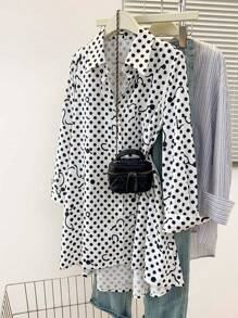 Women's High-Low Hem Polka Dot Print Longline Collared Shirt - Stage-Ready Concert Blouse For Date Nights/Festivals/Travel, All-Season Versatile Oversized Top With Front-Crop Design