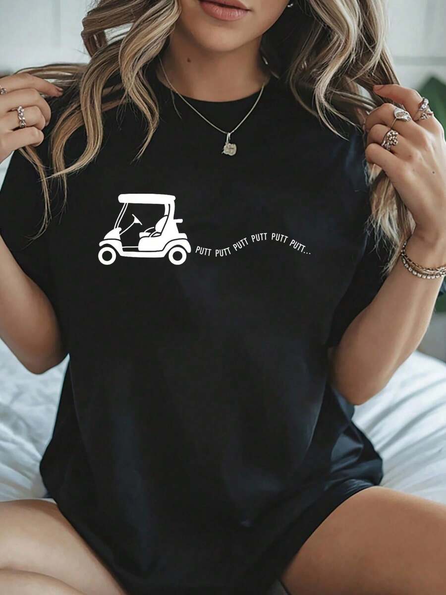 Funny Golf Gift Golfing Cart Joke Putt Birthday Golfer Dad Printed T-S, Short-Sleeved Crew Neck Casual Top, Suitable For All Seasons, Women's Wear