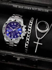 Set de joyería para hombre de 4 piezas que incluye: reloj de cuarzo con esfera grande y bisel de acero, pulsera de cadena personalizada, collar con colgante de cruz y anillo. Adecuado como regalo para hombres, y para usar en festivales, negocios, fiestas y para el uso diario.