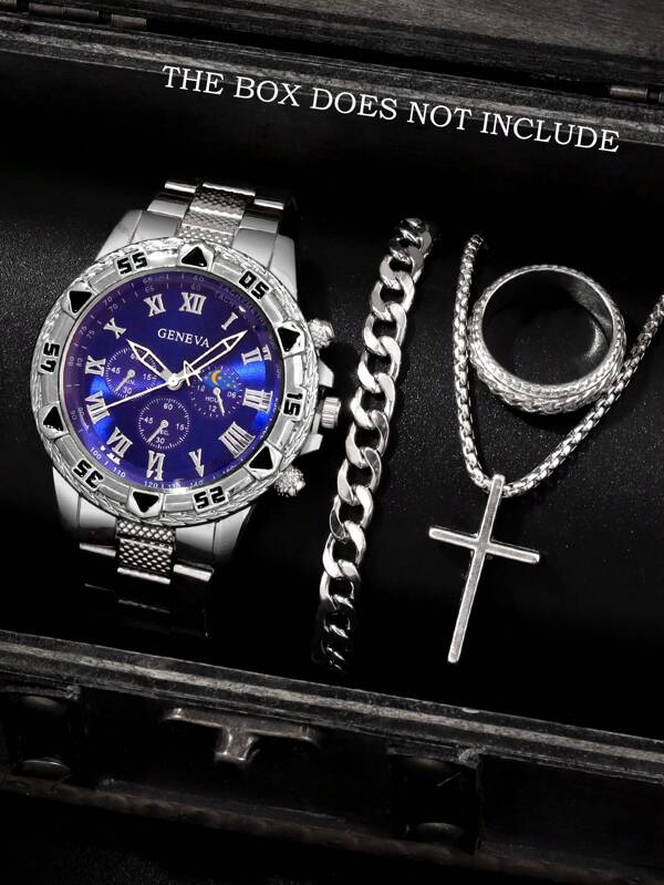 Set de joyería para hombre de 4 piezas que incluye: reloj de cuarzo con esfera grande y bisel de acero, pulsera de cadena personalizada, collar con colgante de cruz y anillo. Adecuado como regalo para hombres, y para usar en festivales, negocios, fiestas y para el uso diario.