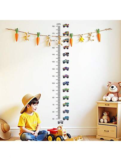 1 miếng dán tường đo chiều cao hình xe công trình có thể tháo rời, trang trí phòng trẻ em, phòng trẻ sơ sinh và phòng bé trai, decal tự dính mang tính giáo dục chủ đề xe hơi.