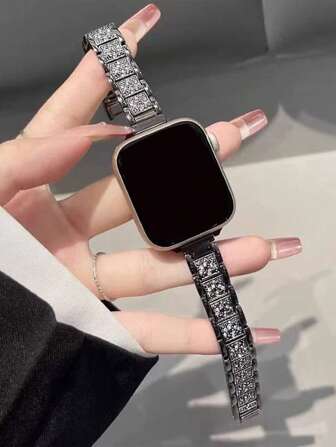 1pc Women Rhinestone Stainless Steel Wrist Strap For Apple Watch Ultra Band 49mm 46mm 45mm 44mm 38mm 40mm 41mm 42mm, Fashion Exquisite Metal Chain Bracelet Belt For Watches, Watchband For Watch Series 10 9 8 7 SE 6 5 4 3 2 1