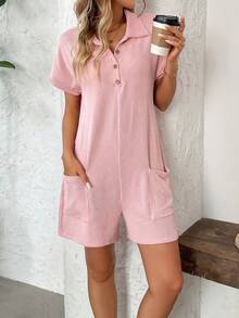 Women's Vertical Striped Jumpsuit Lapel Button Loose Short Sleeve Jumpsuit With Pockets - Hồng - Xem 4