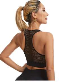 Front Zip Yoga Sports Bra, Breathable Mesh Hollow Out Plus Size Racerback Wireless Sports Bra