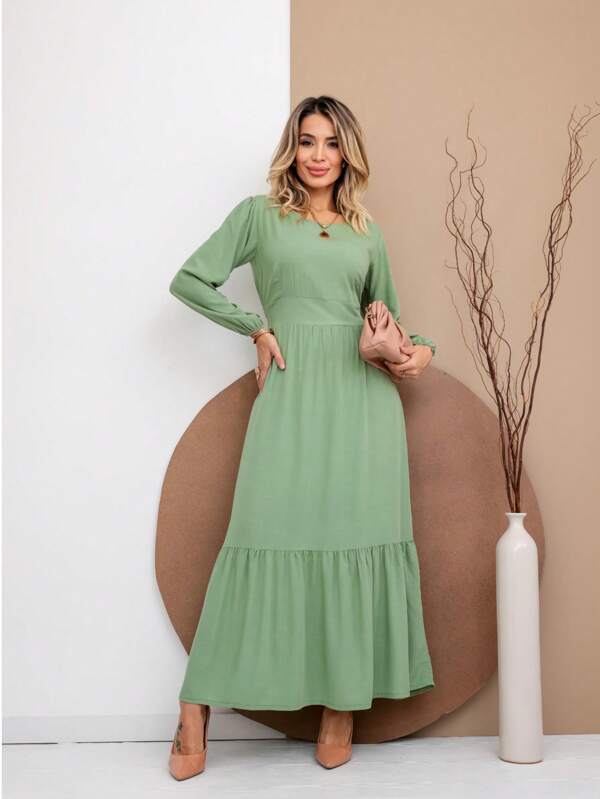 Vestido Longo Feminino Elegante Manga Longa Moda Comportada