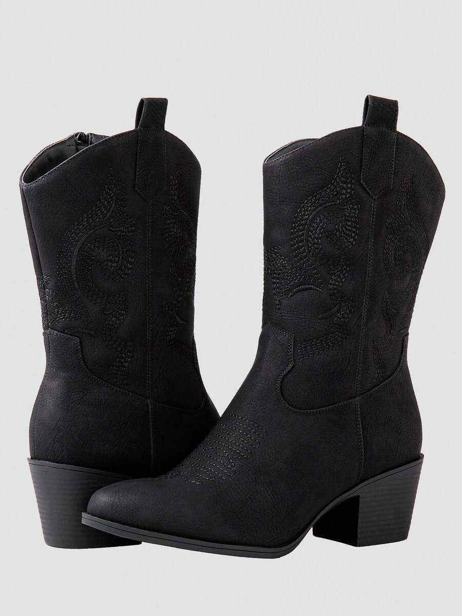 GLOBALWIN Women's Mid Calf The Western Cowgirl Boots Fashion Cowboy Boots For Women Chunky Low Heel Fall Boots Halloween Season - 19yy17black - 查看 1