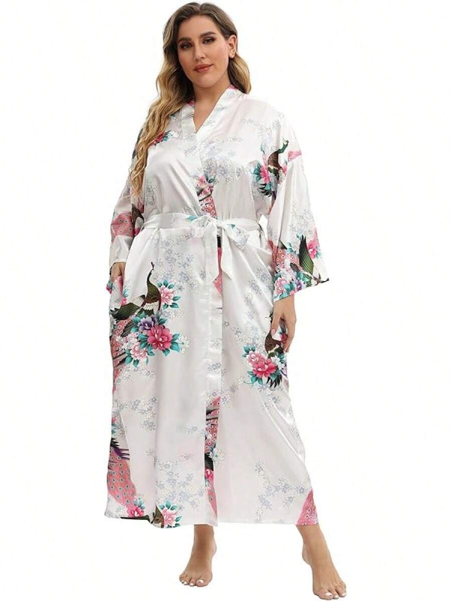 Women's Floral Long Satin Robes Plus Size Long Silk Robes Peacock Floral Kimonos Sleepwear Dressing Gown - 白色 - 查看 1