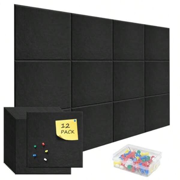Black Large Cork Boards For Walls12 Pack Felt Wall Tiles 47x35 Bulletin Board Cork Board For Office With Adhesive Backing And A Box Of Colored Drawing Pin