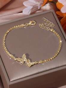 1pc Bling Bling Crystal Butterfly Claw Chain Bracelet, Suitable For Women's Daily, Party, Wedding, Birthday Wear - Gold - View 1