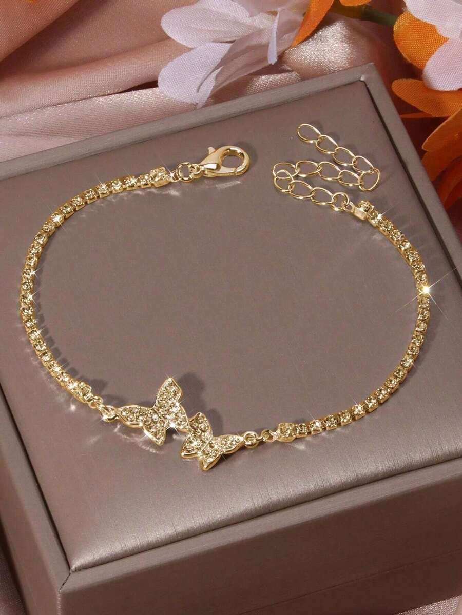 1pc Bling Bling Crystal Butterfly Claw Chain Bracelet, Suitable For Women's Daily, Party, Wedding, Birthday Wear - Gold - View 1
