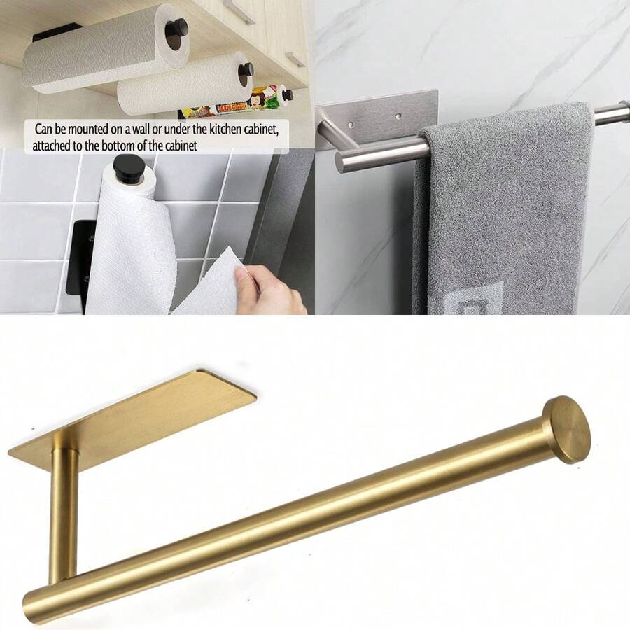 1pc Kitchen Tissue Holder Stainless Steel Nail Free, Hole Free Self-Adhesive Wall Mounted Metal Black American Style Toilet Roll Paper Holder