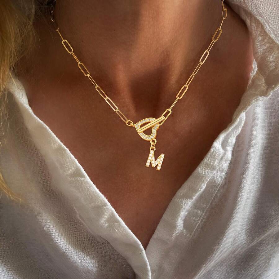 1 件新款简约时尚首字母心形搭扣金色不锈钢回形针链项链女士