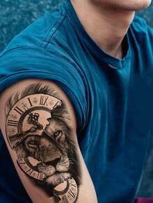 1 张大尺寸人体艺术临时纹身贴纸，男女适用，素描写实风格皇冠玫瑰狮子时钟老虎图案，防水假纹身，持续 2-5 天，遮盖疤痕，可用于手臂手腕肩膀腿腰颈部手胸部大腿手指，闺蜜情侣纹身 - 黑色 - 查看 3