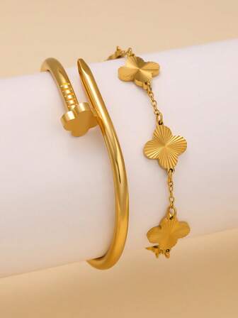 2 Pairs Fashionable Textured Four-Leaf Clover Stainless Steel Bracelets Set, Suitable For Multiple Occasions, Couples, Formal Events, Parties, Gifts