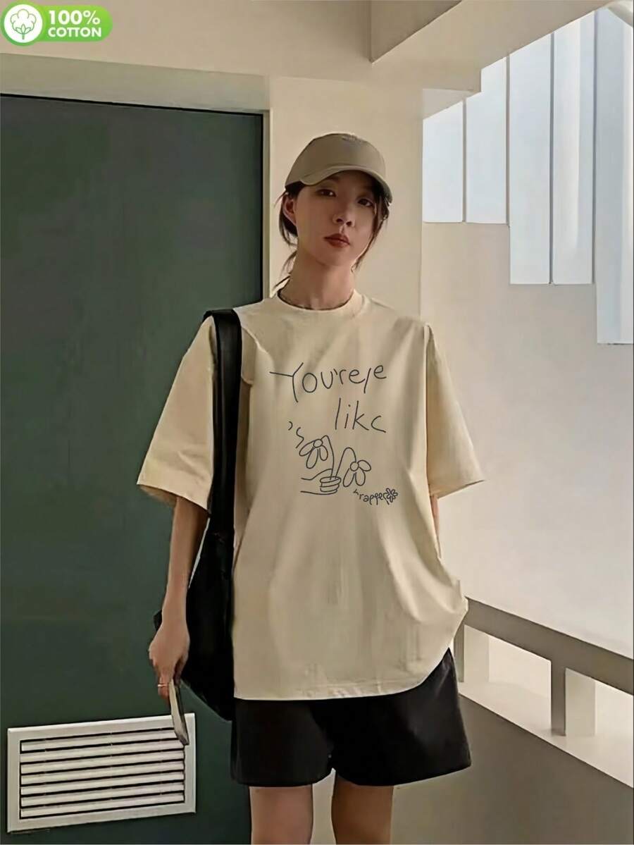 200g Pure Cotton T-Shirt 2025 Summer Ladies New Short Sleeve Pure Cotton Holiday Pattern Short Sleeve Round Neck Couple Wear Small Shirt Tops - 杏色 - 查看 1