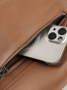 LEDUNTINO Men's Fashion Zipper Casual Outdoor Motorcycle Leather Jacket, Sports Style, Solid Color, Bomber Jacket, Men's Spring/Autumn Stand Collar, Motorcycle Windbreaker Leather Jacket, Versatile, Suitable For Outdoor Commuting, Ideal Gift For Boyfriend Or Husband, Thermal Lined, Winter Style - Brown - View 6