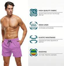Men's Swim Trunks Quick Dry Beach Shorts With Zipper Pockets And Mesh Lining - Lilac - View 3