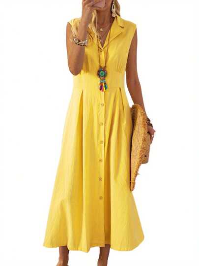 Women Long Dress, Sleeveless Turn-Down Collar Button-Down Casual Party Summer A-Line Dress