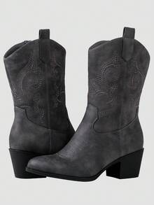 GLOBALWIN Women's Mid Calf The Western Cowgirl Boots Fashion Cowboy Boots For Women Chunky Low Heel Fall Boots Halloween Season - 19yy17grey - 查看 1