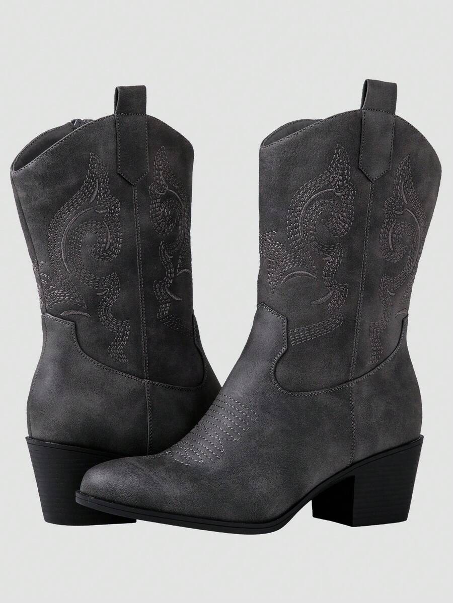 GLOBALWIN Women's Mid Calf The Western Cowgirl Boots Fashion Cowboy Boots For Women Chunky Low Heel Fall Boots Halloween Season - 19yy17grey - 查看 1