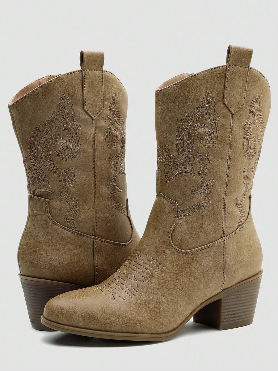 GLOBALWIN Women's Mid Calf The Western Cowgirl Boots Fashion Cowboy Boots For Women Chunky Low Heel Fall Boots Halloween Season - 卡其色 - 查看 1