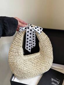 Beige Handmade Women Shoulder Bag, Summer Beach Hobo Raffia Woven Underarm Crescent Bag Tote Bag With Scarf - Beige - View 2