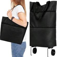 1pc Foldable Shopping Cart Tote Bag, 2-In-1 Foldable Shopping Cart With Wheels, Lightweight, Foldable, Reusable, Grocery Bag, Large Capacity Travel Bag, Waterproof Trolley, Suitable For Shopping, Travel, Camping, Home And Outdoor Use, Essential Travel Accessory - Multicolor - View 2