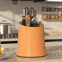 1pc Multifunctional 360° Rotating Kitchen Utensil Holder, Large Capacity, Simple Design (Excluding Knives, Spoons And Chopsticks), Multiple Colors Available, Cylindrical Shape With Vertical Lines, Can Store Knives, Spoons And Chopsticks, Plastic Material, Suitable For Everyday Kitchen Use