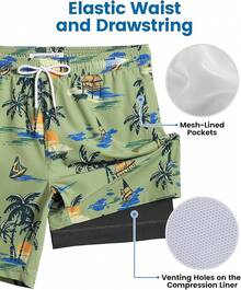 Mens Swim Trunks With Compression Liner Inch Inseam Mens Bathing Suit Quick Dry Swimming Trunks Swimsuit - Plamtree Green - View 3