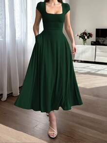 Glamful Elegant Commute Casual Basic Elegant Solid Color Knit Fabric Drawstring Summer Dress - Dark Green - View 4