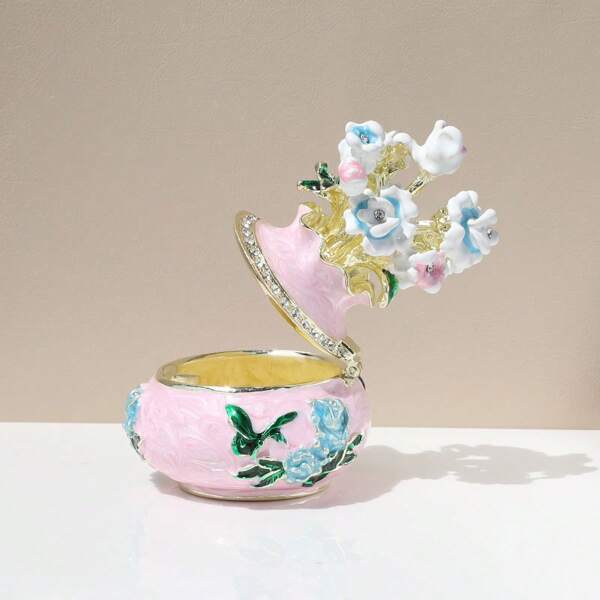 1pc Enamel Flower Jewelry Box Vase Decor Box Home Ornament Jewelry Box Ring Necklace Box Earring Necklace Decor Box Antique Flower Vase Desktop Small Decor Gift