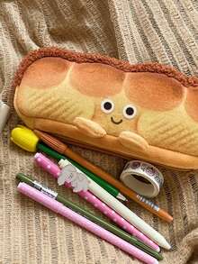 1pc Plush Bread Shaped Cartoon Pencil Case, Cute Soft Toast Style Emotional Stationery Bag, Interesting Creative Zipper Durable Pencil Pouch Office Supplies Kids Pencil Bag, Large Capacity Student Unique Stationery Box Pencil Case Baguette Pencil Bag School Supplies - Multicolor - View 8