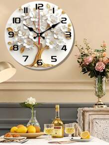 1 pieza Reloj de pared elegante y silencioso de 10 y 12 pulgadas con diseño floral blanco y árbol dorado, revestimiento de madera - Perfecto para la decoración de la sala de estar, dormitorio, cocina, oficina - Regalo perfecto para el Día de San Valentín o el cumpleaños Decoración de habitación Reloj digital Despertador