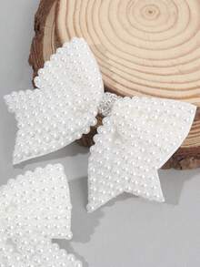 2个珍珠蝴蝶结发夹，纯白色，优雅蝴蝶结发夹，适合女孩，婚礼派对节日礼物，蝴蝶结发卡，青少年发饰 - 白色 - 查看 3